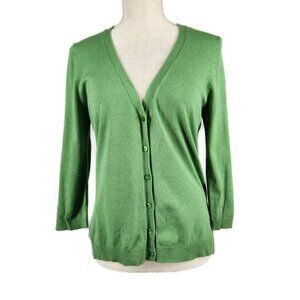 Dress Barn Button Up V Neck Cardigan Size M Green 3/4 Sleeves Cottage Granny